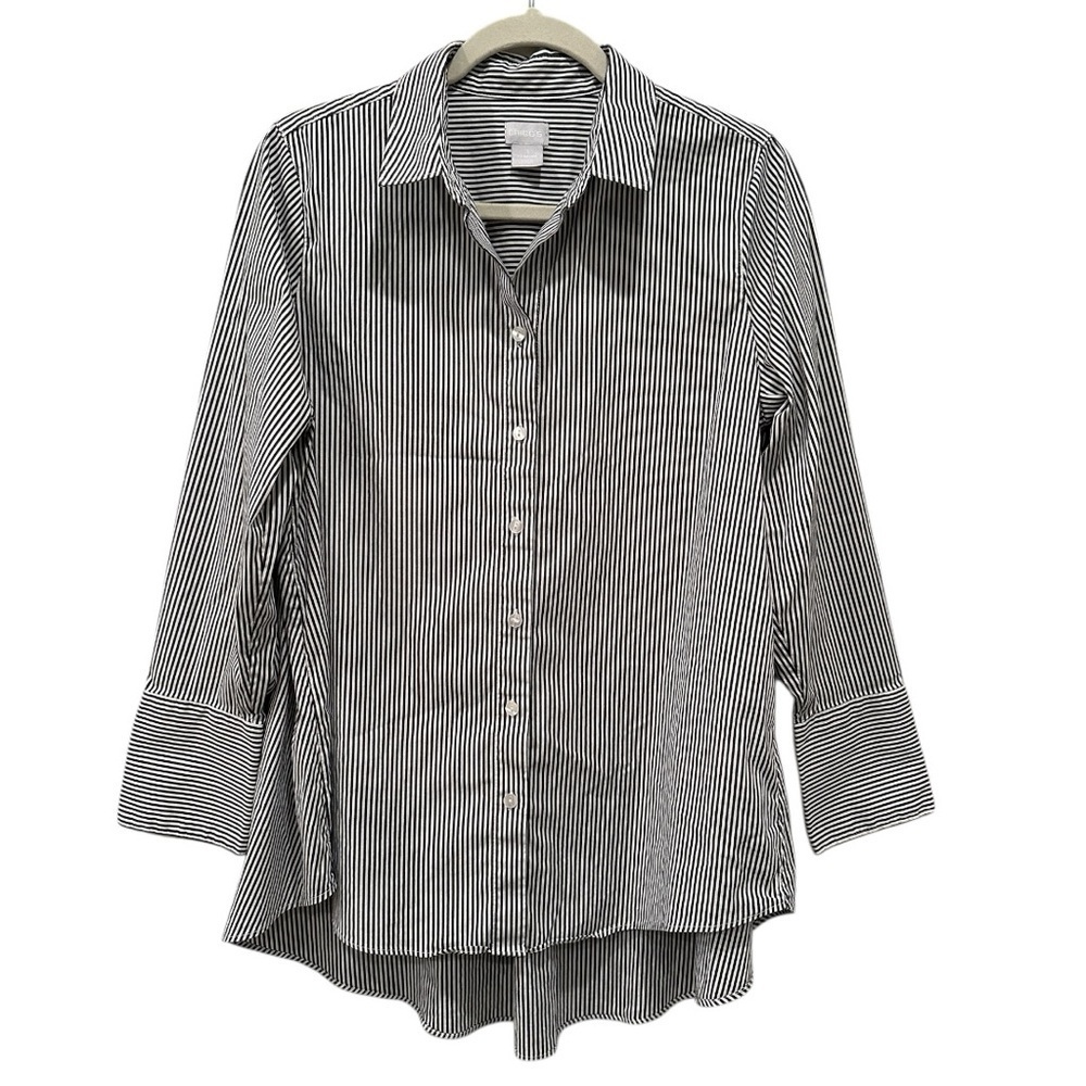 Chico's Striped Collared Blouse Top Button Down Preppy Career Office Sz 1 (8-10)